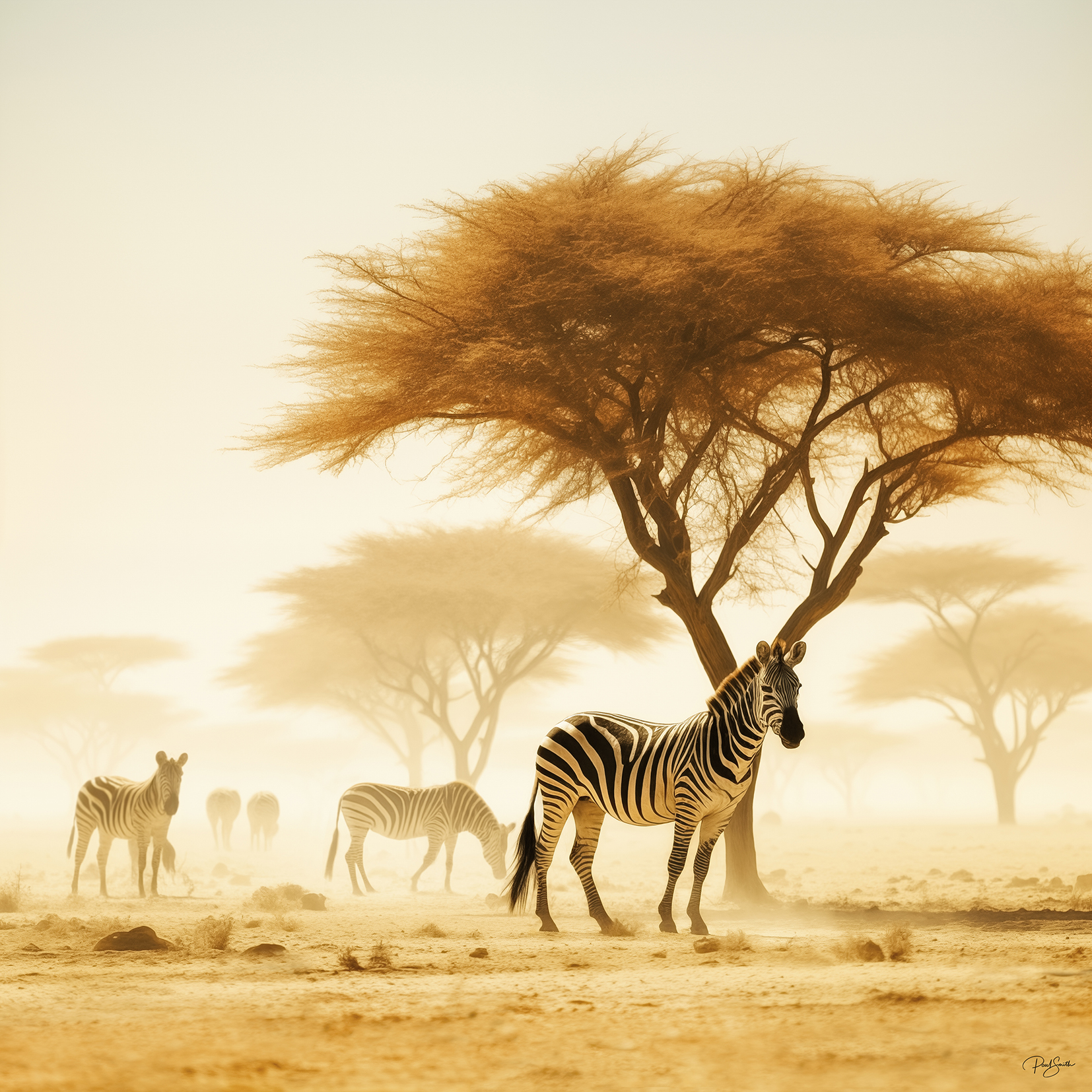 Photo of a zebras in the African desert at Sunset