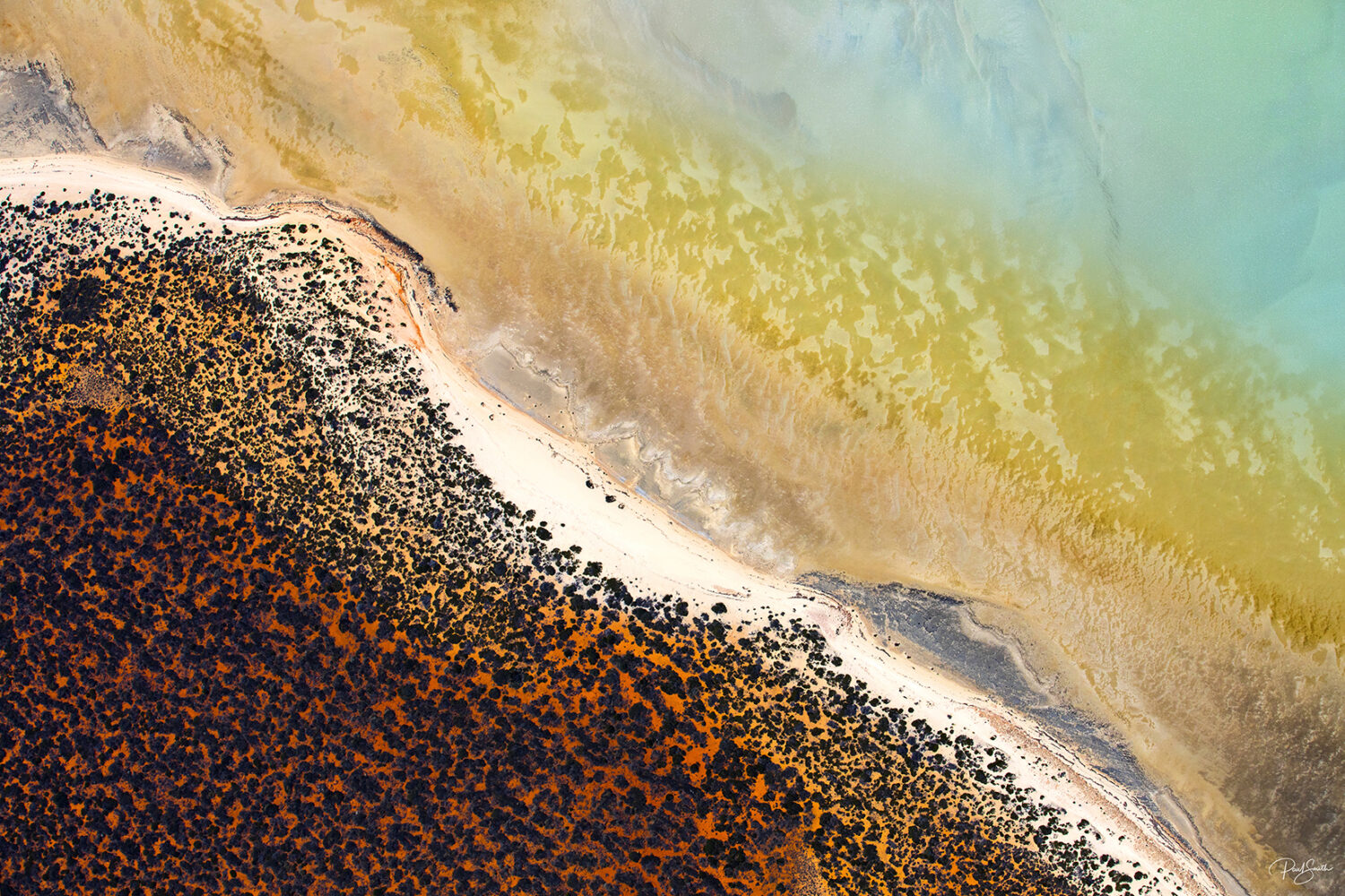 Aerial photo of the aqua water meeting the sand and red dirt