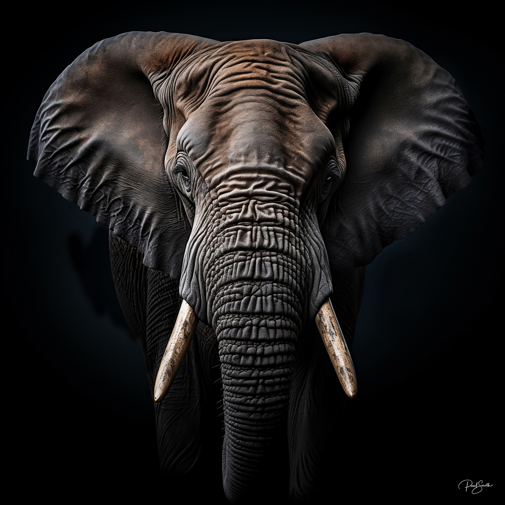 dark image of an elephant from front in with ivory tusks and lots of texture